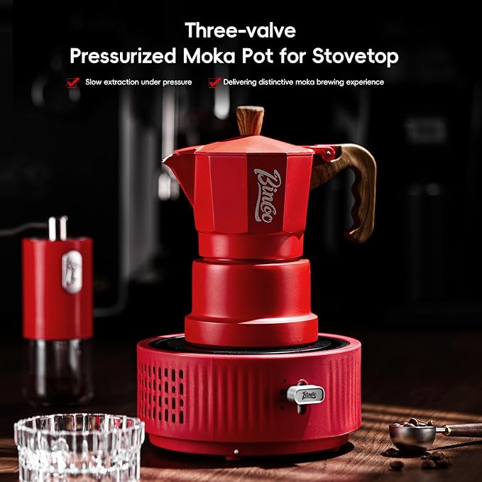 Bincoo Three-valve Espresso Maker Stovetop,2 Cups Camping Moka Pot Espresso Italian Coffee Maker,Rich Crema,Easy to Use (Red)