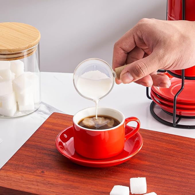 Cappuccino Cups Set of 4, 8oz Stackable Coffee Cups Set with Saucers and Metal Stand, Coffee Mugs and Saucers for Cappuccino, Latte, Americano and Tea - Red