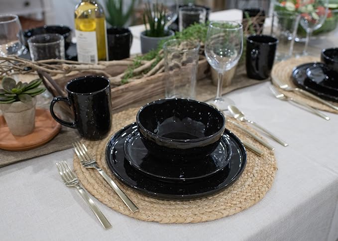 Elanze Designs Shiny Speckled Western Country Style Ceramic Plates Bowls Mugs Dinnerware 16 Piece Set - Service for 4, Black