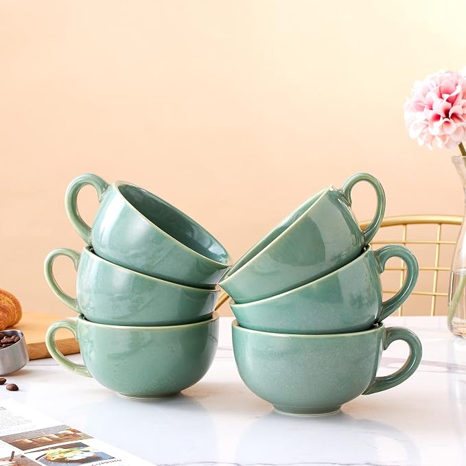 Coffeezone Set of 6 Cups Vintage Design 12 oz Professional Barista Ceramic Latte Art Cappuccino Cups Set (Green * 6)