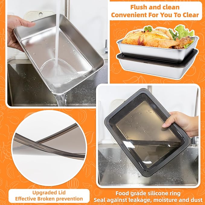 5 PCS Stainless Steel Food Storage Containers with lids,2.16 Inch Deep, 8x10 Inch Stainless Steel Oven plate, Metal Roasting Pan for Meal Prep、Meat, Rustproof & Heavy, Freezer & Dishwasher Safe