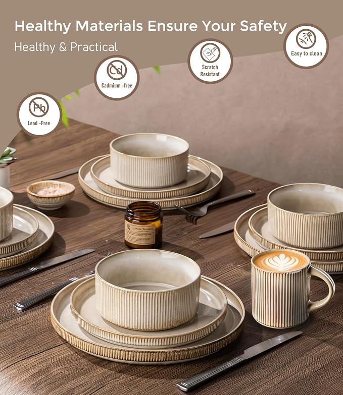 GBHOME 18-Piece Stoneware Dinnerware Set for 6 – Ribbed Ceramic Plates and Bowls, Scratch-Resistant, Microwave & Dishwasher Safe, Reactive Glaze, Cappuccino
