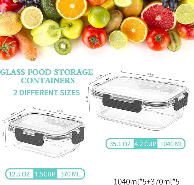TYKOON 10 Pack Glass Meal Prep Containers with Snap Locking Lids, Airtight Leakproof Bento Boxes for Lunch Freezer Microwave and Dishwasher Safe, Includes 5x36oz and 5x12oz