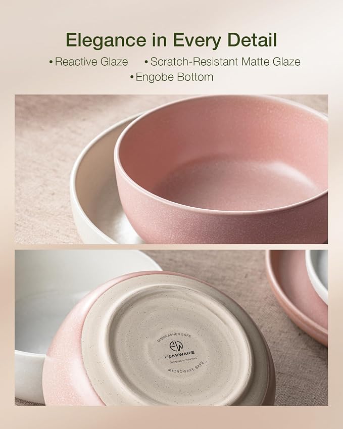 Famiware Milkyway Plates and Bowls Sets, 12 Pieces Dinnerware Sets, Reactive Glaze Dish Set, Stoneware Dishes Set for 4, Matte Beige White & Light Pink