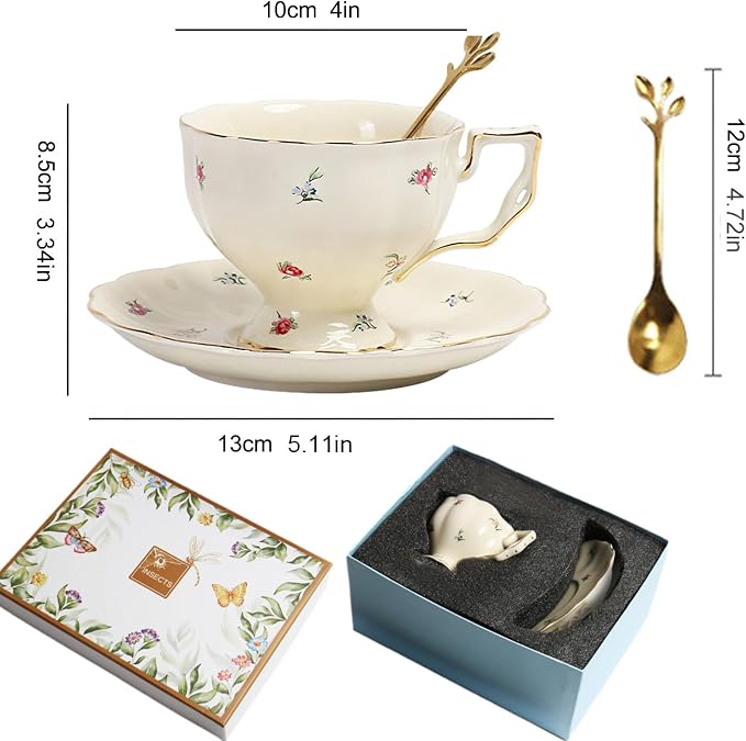 Porcelain Tea Cup and Saucer Set, 8.5 oz/250 ml Ceramic Coffee Mug with Saucer and Spoon, Vintage Coffee Cup with Gold Trim and Gift Box for Mom Women Mother's Day, Flowers Pattern