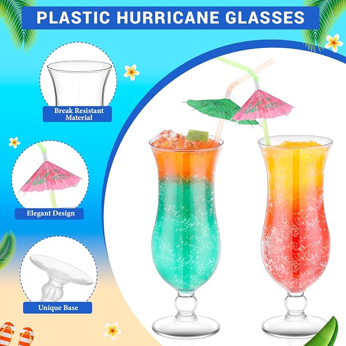 Baderke 12 Pcs Plastic Hurricane Glasses 13.5oz Break Resistant Reusable Plastic Pina Colada Cocktail Glasses Wine Margarita Tropical Beer Juice Beach Party with 30 Pcs Cocktail Straws
