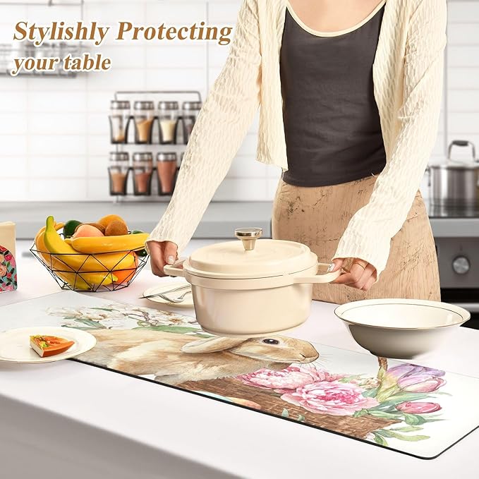 2 in 1 Table Runner Trivet for Hot Pots and Pans Heat Resistant Non Slip Waterproof 39 x 12 Inch Decorative Table Protector for Kitchen Countertop Easter Bunny Eggs Flowers