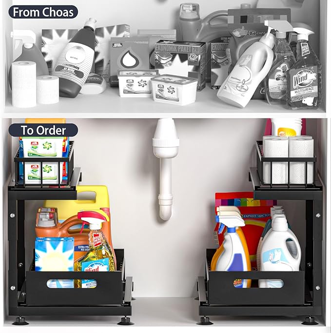 Under Sink Organizer, 2-Tier Premium Metal Pull-Out Racks with Adjustable Height, Heavy Duty Sliding Bin for Bathroom and Kitchen Cabinet Storage, Rust Resistant 1 Pack Black