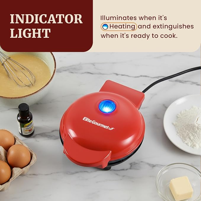 Elite Gourmet EWM015R Electric Nonstick 4.5" Cooking Surface Mini Waffle Maker, Belgian Waffles, Compact Design, Hash Browns, Keto, Snacks, Sandwich, Eggs, Easy to Clean, Red
