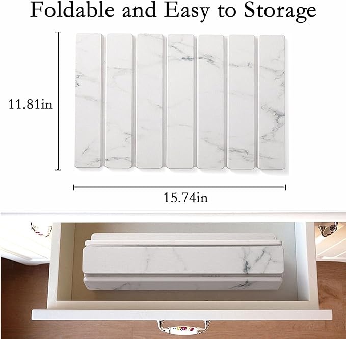 Large Stone Dish Drying Mats for Kitchen Counter 16"(L)×12"(W) Foldable Quick Dry Stone Dish Drying Mats Kitchen Absorbent Diatomaceous Earth Drying Stone Mat for Dishes Bottles Cups Marble White