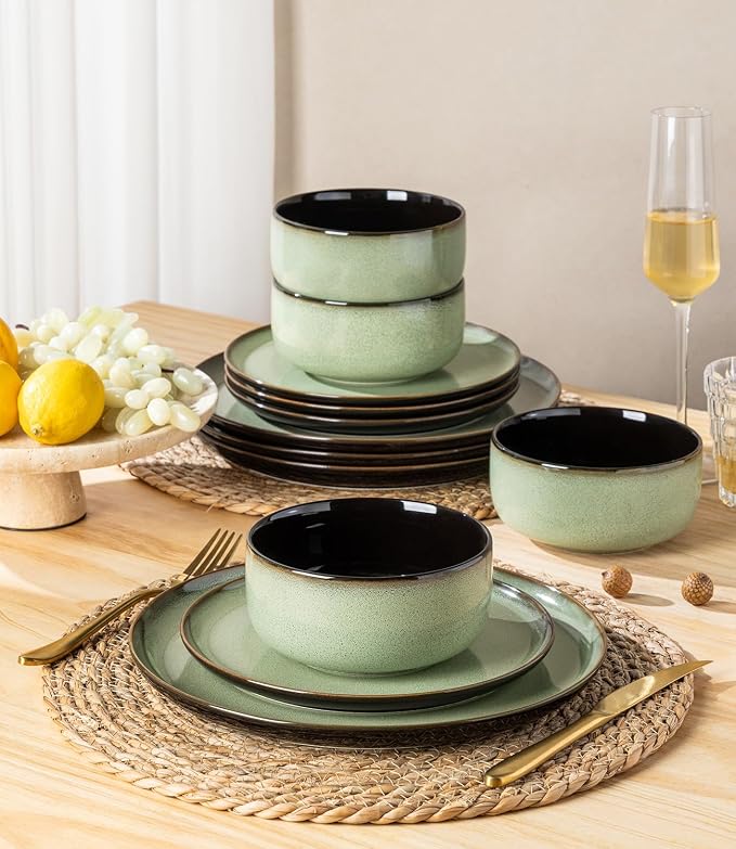 LERATIO Ceramic Dinnerware Sets for 4,12 Pieces Poreclain Plates and Bowls Sets,Scratch Resistant Dishes,Dishwasher & Microwave Safe Dishes Set,Service for 4-Light Geen