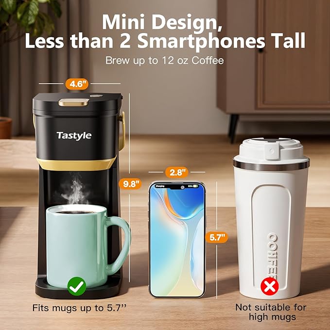 Tastyle Mini Single Serve Coffee Maker with 30 Descaler Cleaner Tablets, Single Cup Coffee Maker with Portable Handle for K Cups and Grounds
