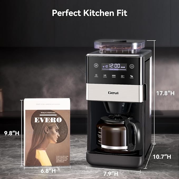 Gevi 10 Cup Drip Coffee Maker with Built‑in Grinder, Grind & Brew Machine, Large Touch Screen, Programmable Scheduled Brewing, 90‑Min Keep‑Warm Plate, Permanent Filter, 1.5L Tank