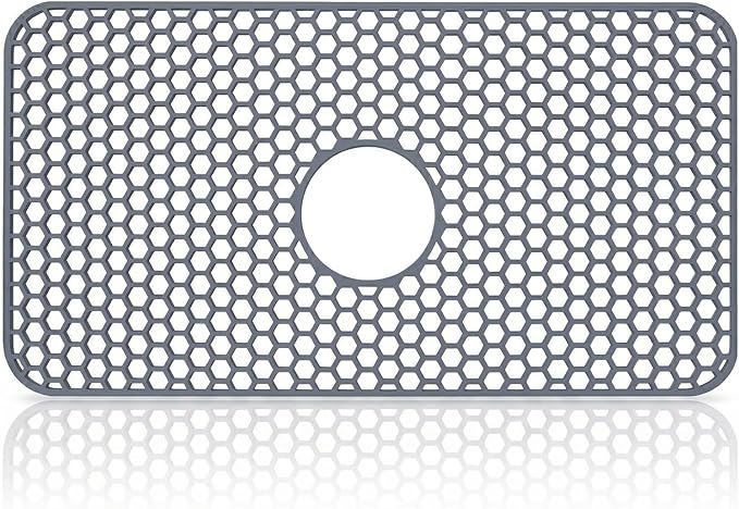 Silicone Sink Protectors for Kitchen - Non-Slip Heat Resistant Grid Mat for Farmhouse Porcelain Stainless Steel, Protects & Cushions Your Sink(Gray 1PCS, 26"x14" Center Drain)