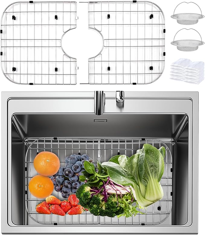 2 Pack Detachable Sink Protectors - 18/8 Stainless Steel Draining Grid & Dish Rack, Medium Hole, Customizable Fit 665 x 362mm (26 3/16 x 14 1/4)