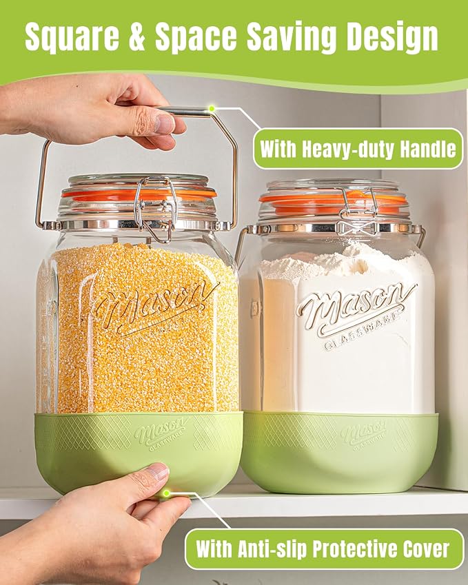 1 Gallon Glass Jar with Lid, 2 Pack Wide Mouth Mason Jars with Airtight Seal, Heavy Duty Glass Storage Container with Handle & Protective Base, Glass Jar for Sun Tea, Pickling, Flour Sugar, Kombucha
