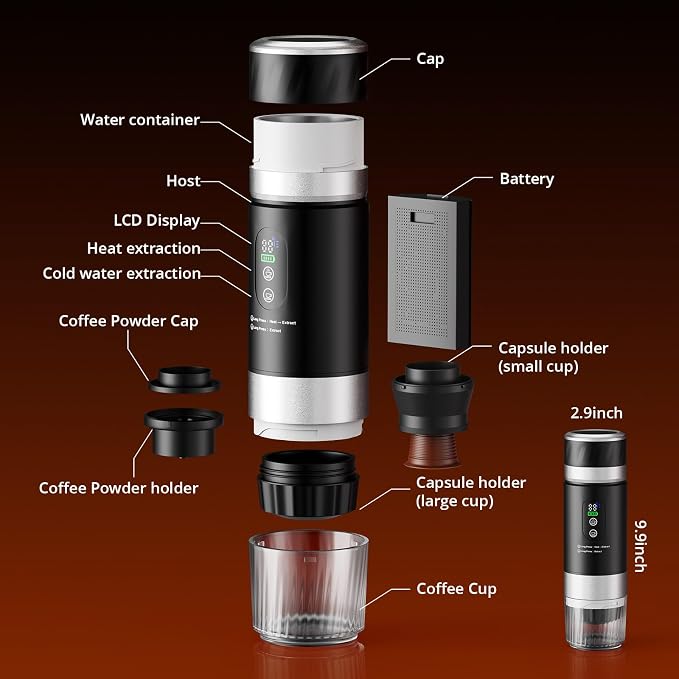 Portable Espresso Maker with Removeable Battery, Portable Espresso Machine with USB-C, 3-in-1 Small Espresso Machine with Ground Coffee & Capsules (NS＆DG) for RV, Hiking (Black)