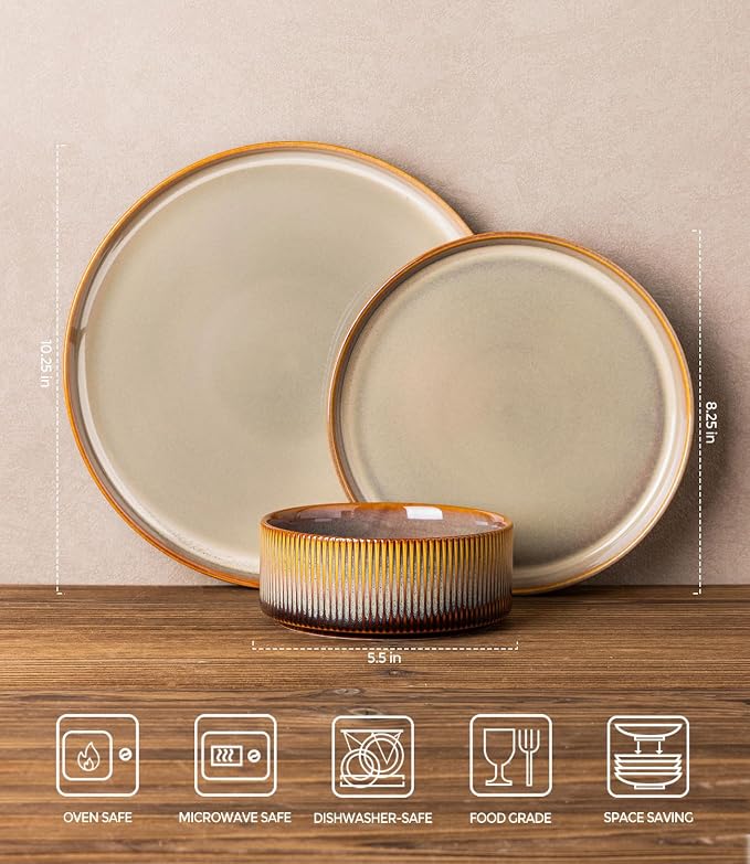 TheTerra Ceramic Dinnerware Sets for 4, 12 Pieces Porcelain Lightweight Plates and Bowls Sets, Scratch Resistant Dish Set, Oven & Microwave & Dishwasher Safe, Creamy Amber