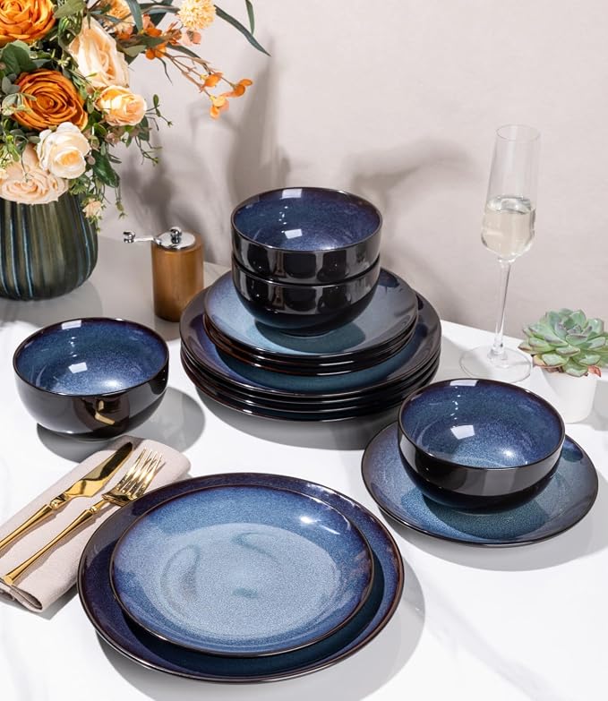 LERATIO Ceramic Dinnerware Sets for 4,16-Piece Reactive Glaze Plates and Bowls Set with Mugs,Highly Chip and Crack Resistant | Dishwasher,Microwave & Oven Safe Dishes set-Blue