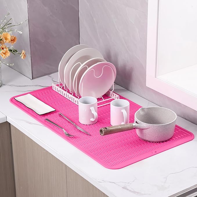 MicoYang Silicone Dish Drying Mat for Multiple Usage,Easy clean,Eco-friendly,Heat-resistant Silicone Mat for Kitchen Counter or Sink,Refrigerator or Drawer Liner Rose 4XL 32 inches x 18 inches