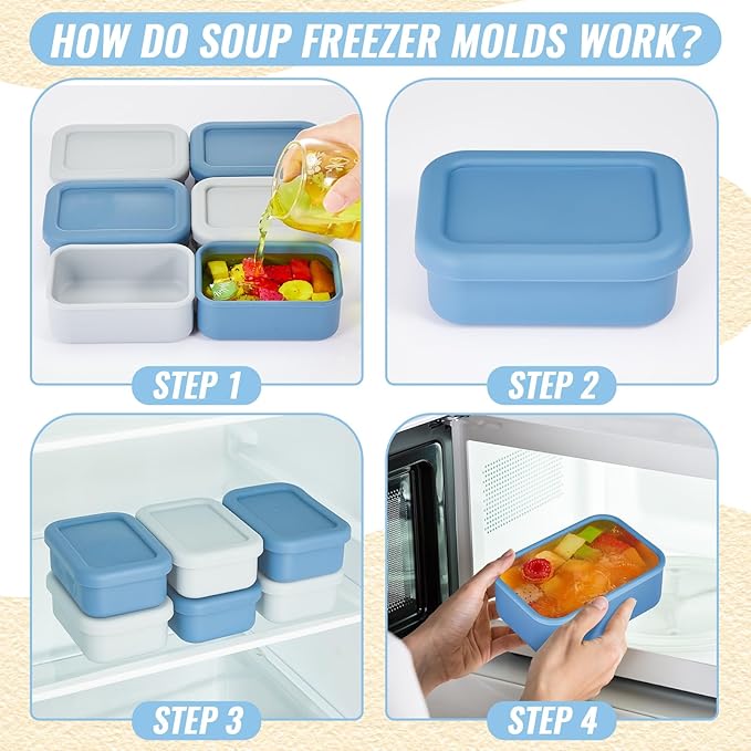 Teenyyou 6 Packs 1 Cup Silicone Soup Freezer Molds with Lid Silicone Soup Freezer Trays Rectangle Reusable Food Preserving Tray Freezing Sauces Stews(Dark Blue, Gray)