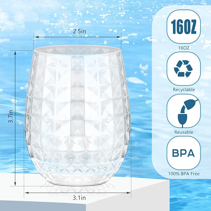 Ctosree 12 Set Tiki Pineapple Glasses 12 oz Plastic Cocktail Wine Glasses Hawaiian Tiki Cups Clear Stemless Reusable Pina Colada Cups Shatterproof Unbreakable Whiskey Mug for Tropical Bar Summer Party