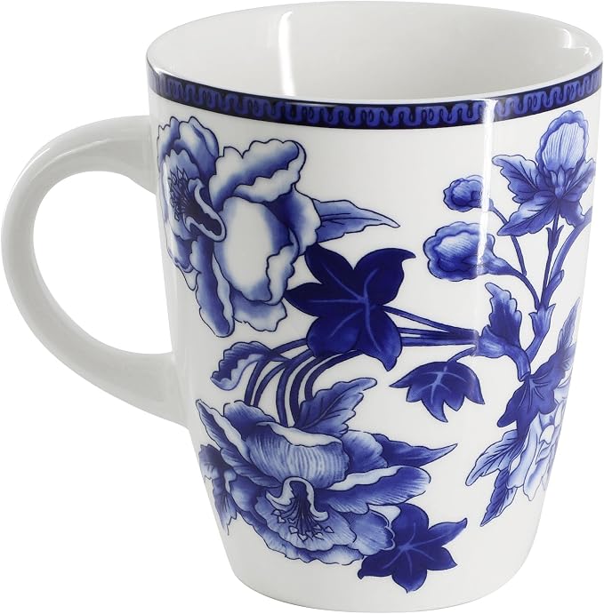 Elama Cattleya Orchid Design 16 Piece Round Porcelain Dinnerware Set in Blue and White, Tableware Set, Service for 4