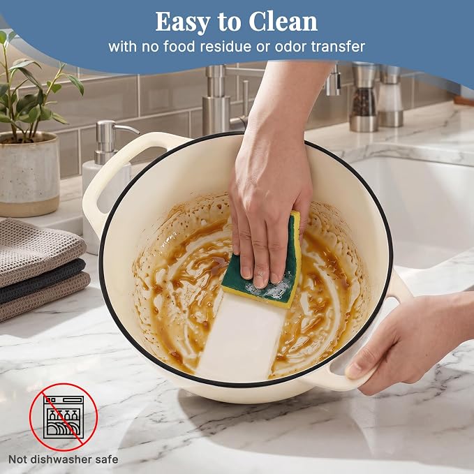 DUMOS Cast Iron Dutch Oven, 6 Quart Pot with Lid, Enameled Heavy Duty Cookware, Oven Safe to 500°F, Perfect for Bread Baking, Stews and Roasting, Moisture Sealing Lid with Dual Handles, Beige