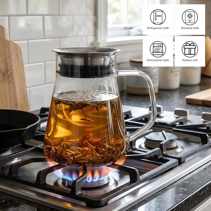 Aquach 27oz Glass Teapot with Filter Lid, Personal Stovetop Tea Pot | Dishwasher Safe, Borosilicate Glass, Plastic-free, Personal 1-2 Cup Use, 6in Height Fridge Safe, One-step Filter Lid