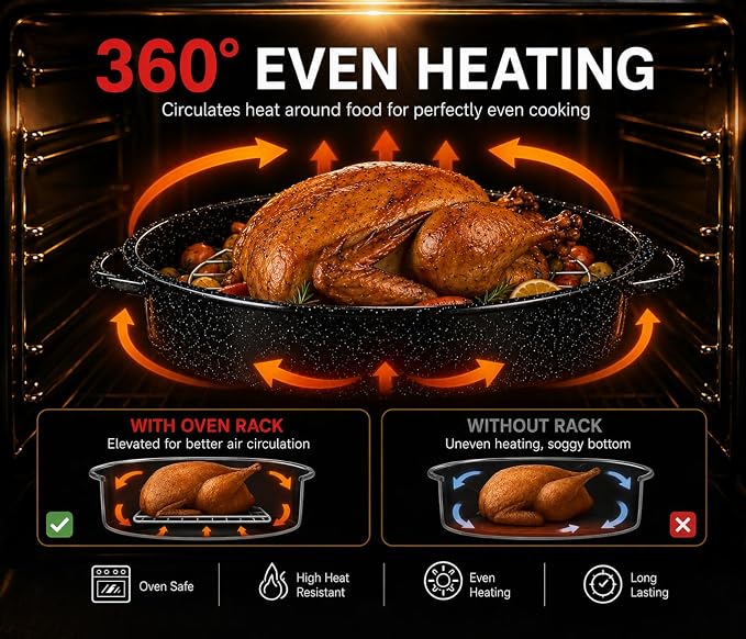 16 Inch Enamel Roasting Pan with Lid & Rack – Small Roaster Pan for Chicken, Vegetables, Lasagna – Oven & Dishwasher Safe, 932°F Heat Resistant – Includes Silicone Handles & Cleaning Sponges