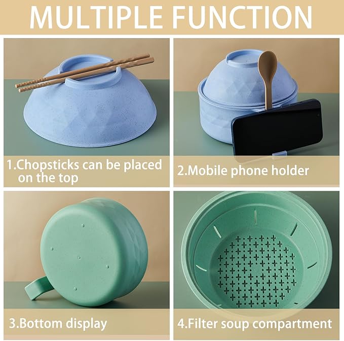 2 Sets Microwave Ramen Bowl 40 oz Wheat Fiber Portable Instant Noodle Cooker Bowl with Handles Strainer Spoon Chopstick Fork College Dorm Room Apartment Essentials(Green,Blue)