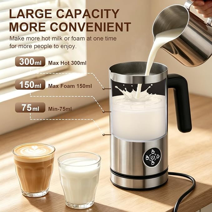 4-in-1 Electric Milk Frother, Stainless Steel Milk Steamer | 4 Modes: Firm, Creamy & Cold Froth, Hot Milk, Detachable Base, Quiet Motor, Swiss-Technology by ILAG