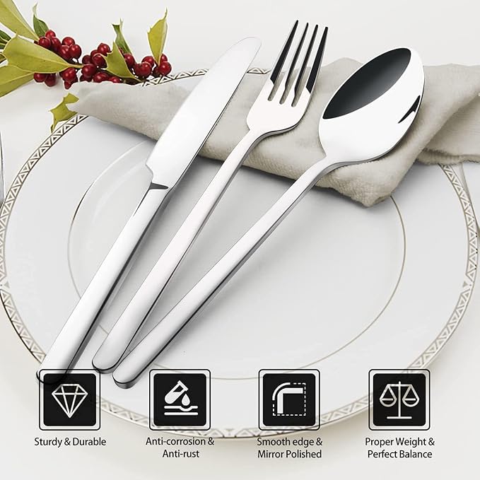 KINGSTONE 24-Piece Bone China Dinnerware Set with 40-Piece flatware, Ivory White Lightweight Porcelain Service for 8, for Family Dining, Restaurants, Gifting, Microwave and Dishwasher Safe