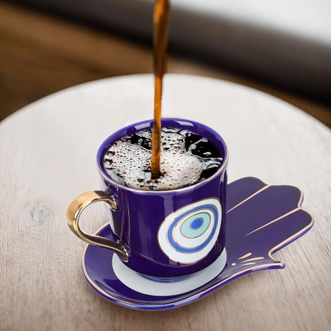 Luxshiny Evil Eye Coffee Cups Set: Turkish Blue Eye Espresso Cup Water Milk Mug Amulet Protection Tea Cup with Hamsa Hand Saucer Plate for Drinks Latte Lucky Decor Blue
