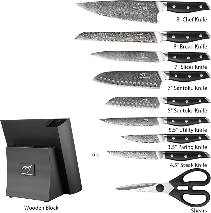 Damascus Knife Set with Block, 16-Piece VG10 67-Layer Steel Kitchen Knives | 16-piece premium Damascus kitchen knife set with VG10 steel core, 67 layers, wood block, and triple-rivet handles