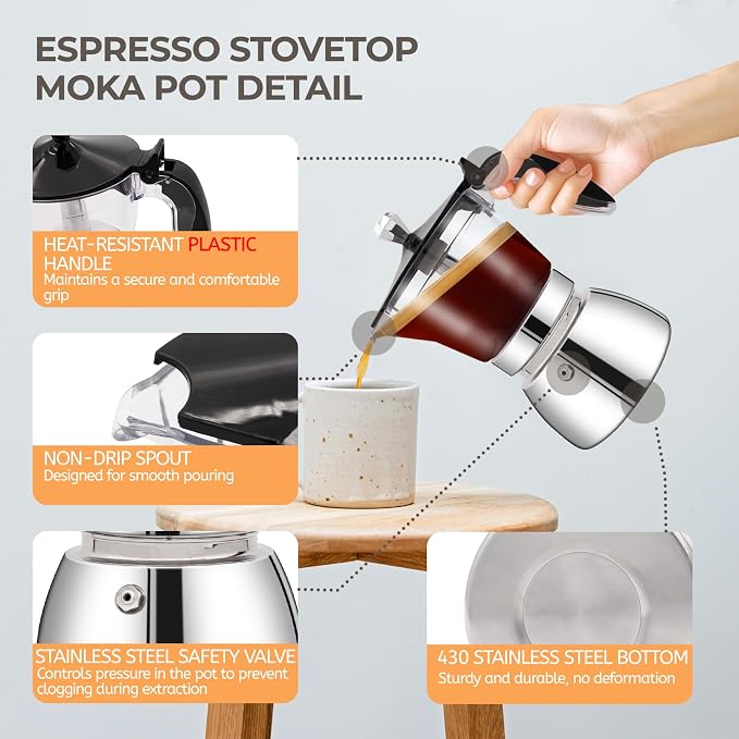 Clear Plastic Moka Pot 6 Cup 300ml Stainless Steel Coffee Maker Uncoated Stovetop Espresso Coffeemaker Italian Classic Style Brewing Greca Cafe Mocha for Cafeteras Camping Travel Home Use