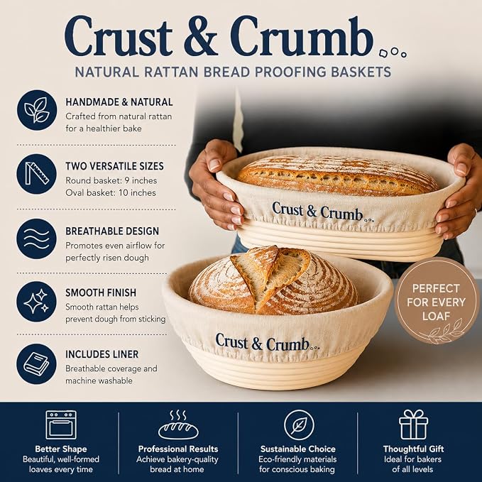 Complete Sourdough Starter Kit, 2 Bannteon Bread Proofing Baskets 9" & 10", UFO Bread Lame, Food Scale, Starter Jar, Silicone Baking Mat, Stainless Steel Dough Scraper and Flour Sifter, Recipes