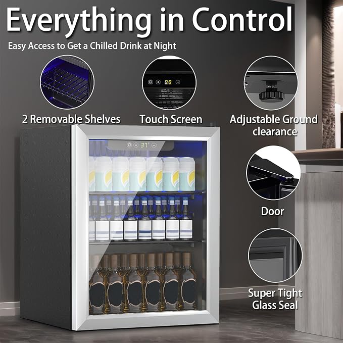 Compact 70 Can/1.7Cu.Ft Mini Fridge For Soda, Beer Or Wine, Portable Small Beverage Refrigerator With Digital Display&Removable Shelves &Reversible Glass Front Door For Office, Dorm, Bar
