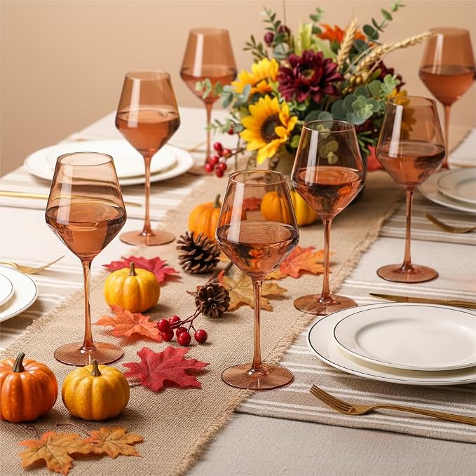 Brown Wine Glasses Set 6-16oz Long Stem-African American Wine Glasses - Hand Blown Amber Stemware for Wedding,Birthday Party and Home Party