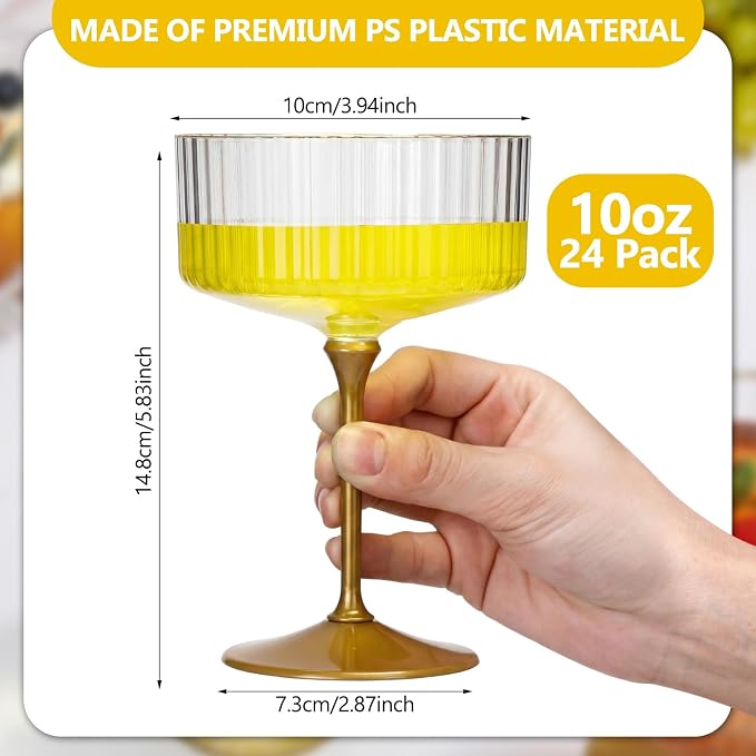 Jingmore 24 Pcs Ribbed Martini Glasses 10 oz Disposable Plastic Vintage Ribbed Coupe Glasses with Gold Rim Cocktail Unbreakable Dessert Parfait Glassware for Wedding Party Supplies (Gold)