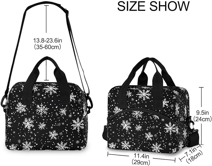 OREZI Reusable Lunch Bag for Girls Boys Women Men,White Snowflakes Black Lunch Box Container with Detachable Shoulder Strap,Insulated Lunch Coolers for School Office