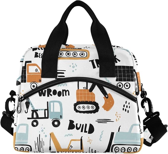 OREZI Reusable Lunch Bag for Girls Boys Women Men,Funny Construction Transport Car Lunch Box Container with Detachable Shoulder Strap,Insulated Lunch Coolers for School Office