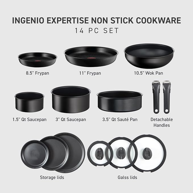 T-fal Ingenio Expertise Non Stick Cookware Set 14 Piece, Induction Oven Broiler Safe 500F, Detachable/Removable Handle, Kitchen, Pots and Pans, RV, Camping, Fry Pans, Saucepans, Dishwasher Safe Black