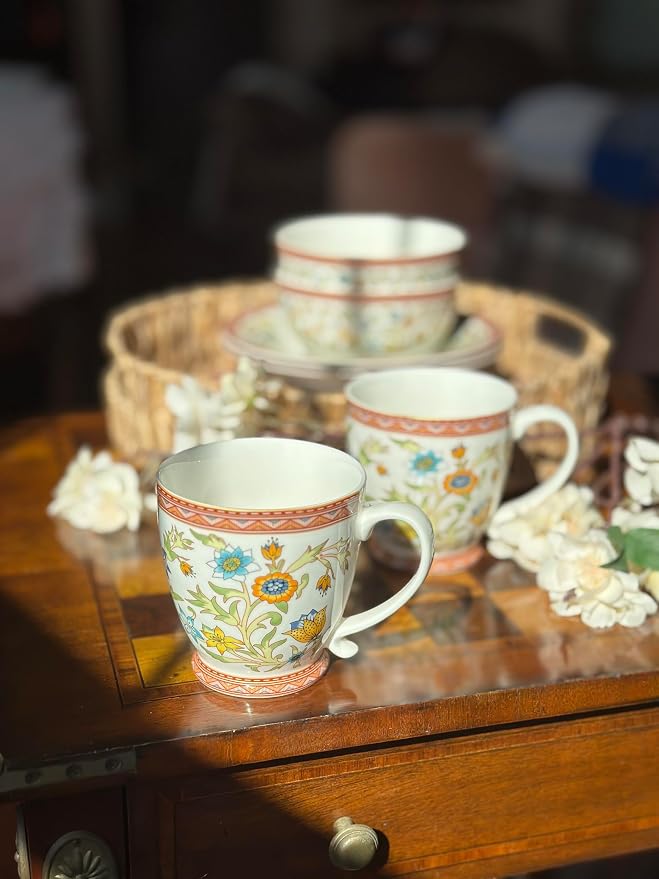 STP GOODS Porcelain Mug 13.5 fl. oz. - Set of 2 in Gift Box Coffee Cup, Gift for Women and Men (Fleurs des Prairies)