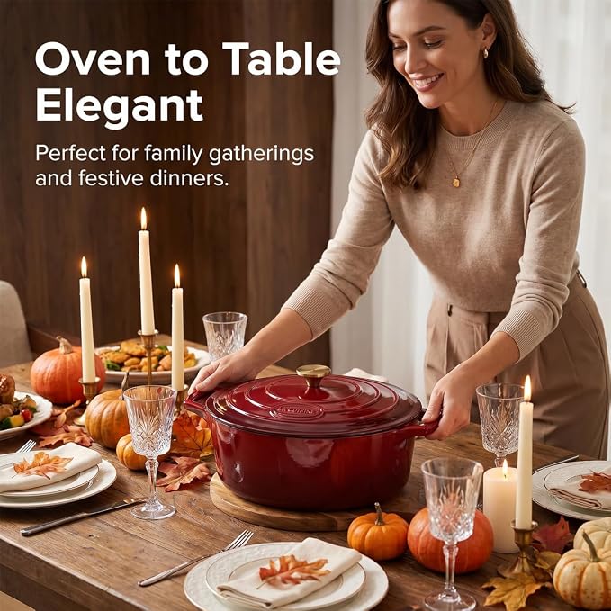 La Cuisine Enameled Cast Iron Oval Dutch Oven Casserole Dish Pot with Lid 6.75 QT Internal Matt Black Enamel Coating for bread baking, Gold-Plated Stainless Steel Lid Handle, Oven Safe up to 500° F. Cranberry