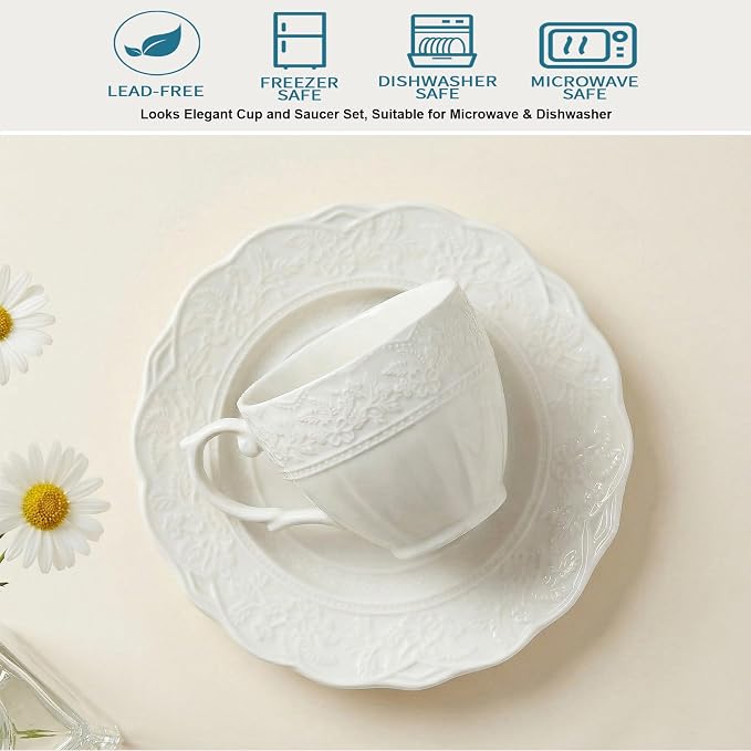 3 oz Espresso Cups Set of 6, Bone China Small Espresso Coffee Cups & Saucers Set, Handcraft Floral Embossing Ceramic Demitasse Mugs Mini Barista Cups for Latte Mocha Farmhouse Housewarming Gift, White