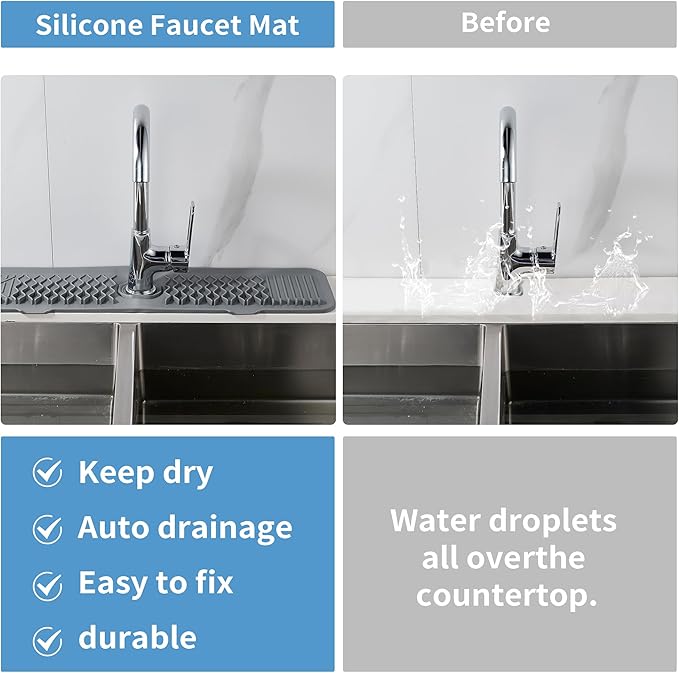 24 inch Silicone Splash Guard Kitchen Sink Gray Mat Dish Drying Mats Non-Slip Sponge Holder Bathroom Countertop Protect Kitchen Sink Splatter Screen Faucet Air Drying Mat Drip Catcher Tray