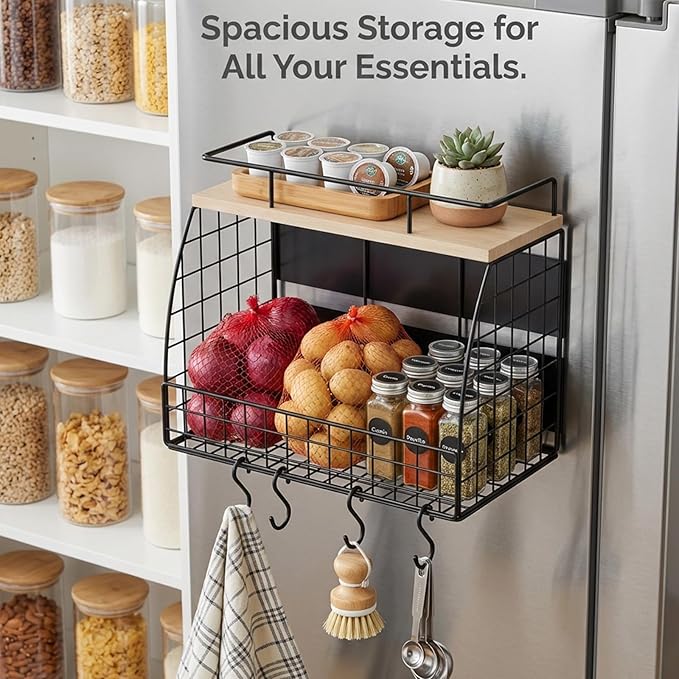 REFGY Magnetic Shelf for Fridge - 35LBS Max Load Magnetic Basket for Refrigerator Side, Large Magnetic Spice Rack with Removable Hooks & Top Natural Texture Board.