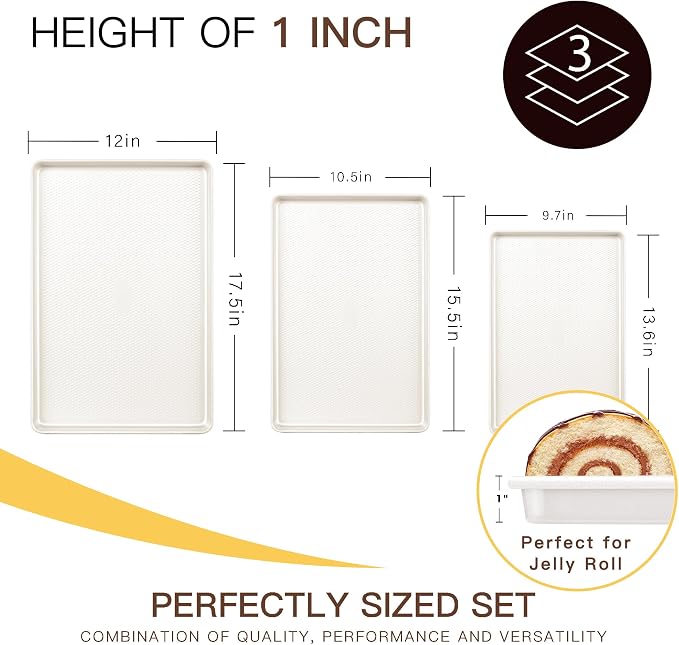 HONGBAKE 3 Pack Nonstick Ceramic Baking Sheet Pan Set for Oven, Non-Toxic Half/Quarter/Jelly Roll Pans with Diamond Texture, 0.8mm Aluminized Steel Cookie Trays for Cooking, Cream