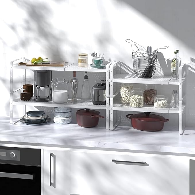 Expandable Cabinet Shelf Organizer Adjustable Metal Spice Rack Stackable Freestanding Counter Storage Shelves for Kitchen Cabinet Under Sink Office Desk (White - 3Pack - L16.5-27'' * W8'' * H9.6'')